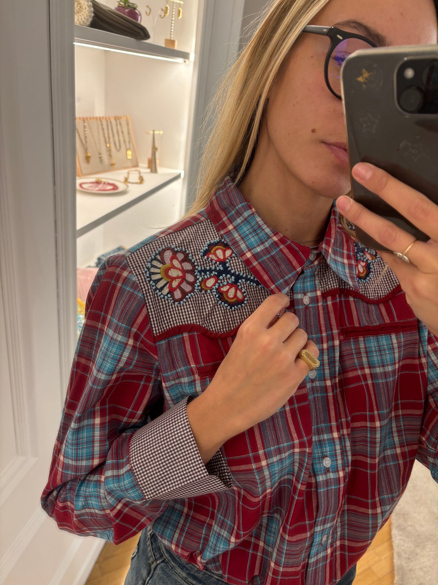 Camicia Check con Dettagli e Perline